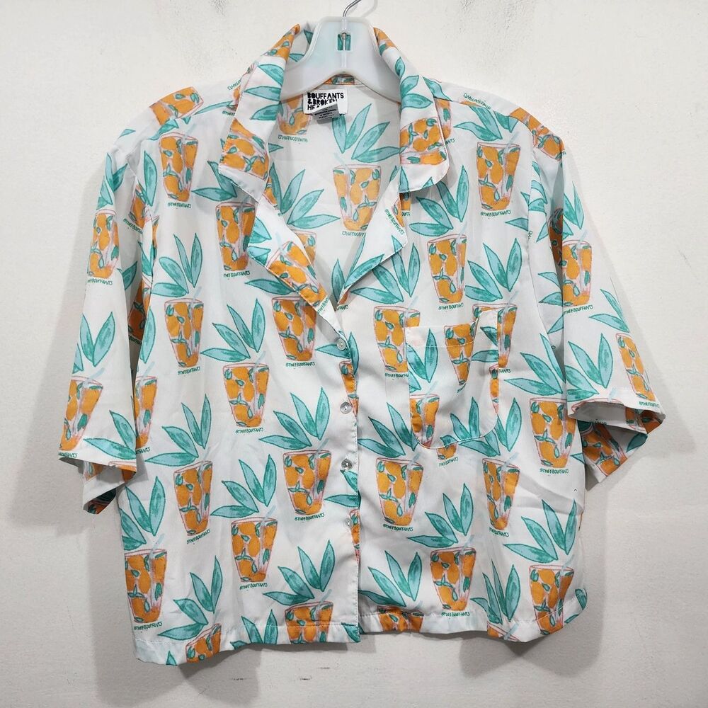 Bouffants and Broken Hearts white button-up top Tropical orange lemonade print L